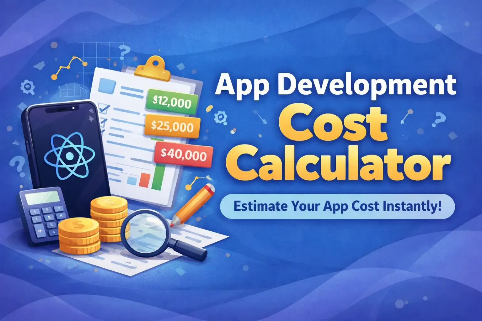 App development cost calculator banner showing a smartphone, checklist, budget estimates, calculator, coins, and the text App Development Cost Calculator