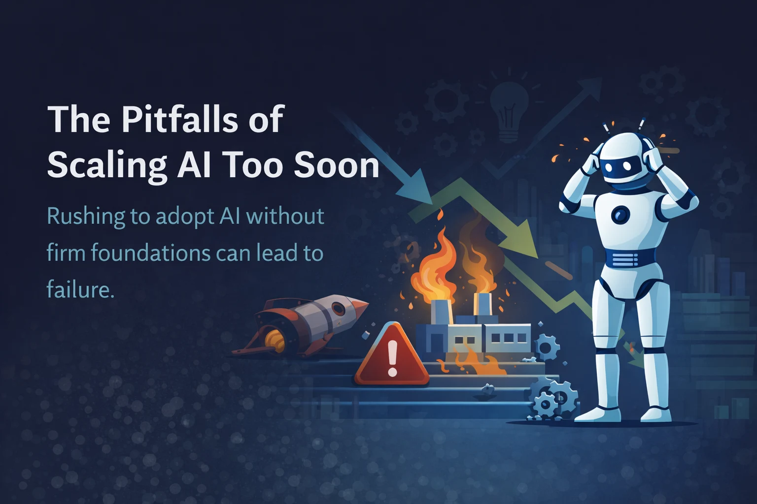 Visual representation of premature AI adoption in startups, showing failed scaling, wasted resources, and operational strain caused by early AI implementation.