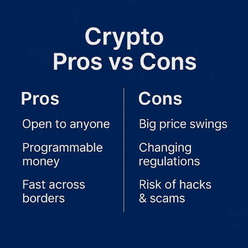 Crypto pros vs cons chart comparing pros (open to anyone, programmable money, fast across borders) with cons (big price swings, changing regulations, risk of hacks and scams) on a dark blue background.