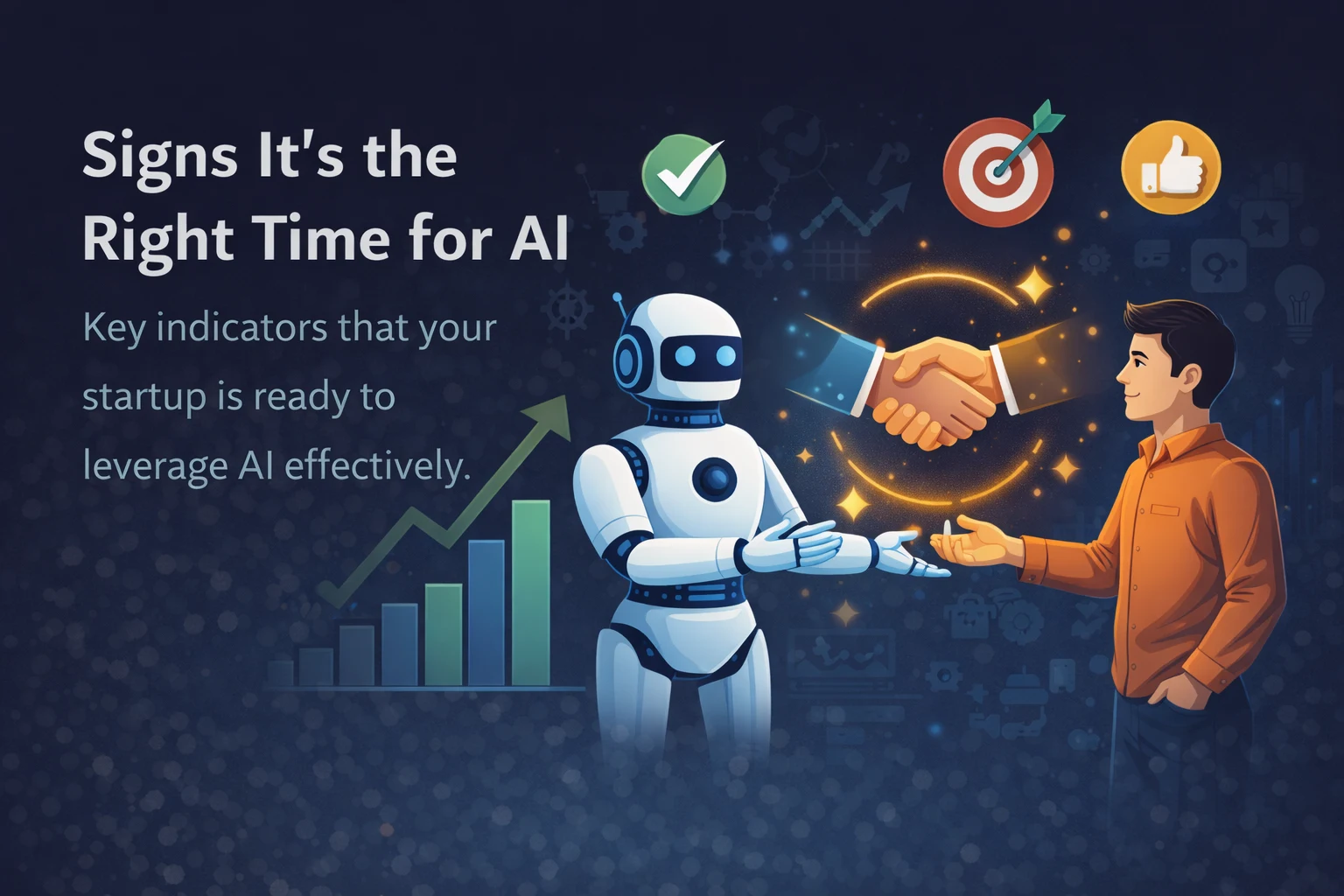 Illustration showing a startup founder collaborating with AI, highlighting signs that a business is ready to implement artificial intelligence